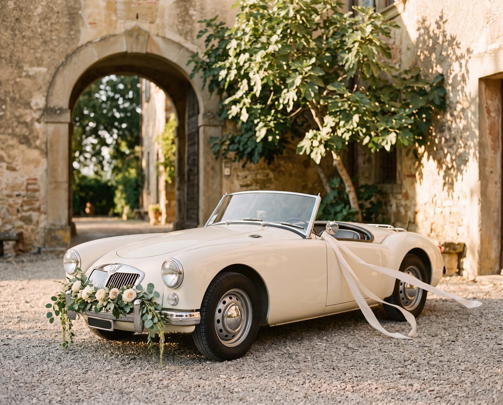 Ein cremefarbenes Oldtimer-Cabrio mit Rosenschmuck vor einem Villentor