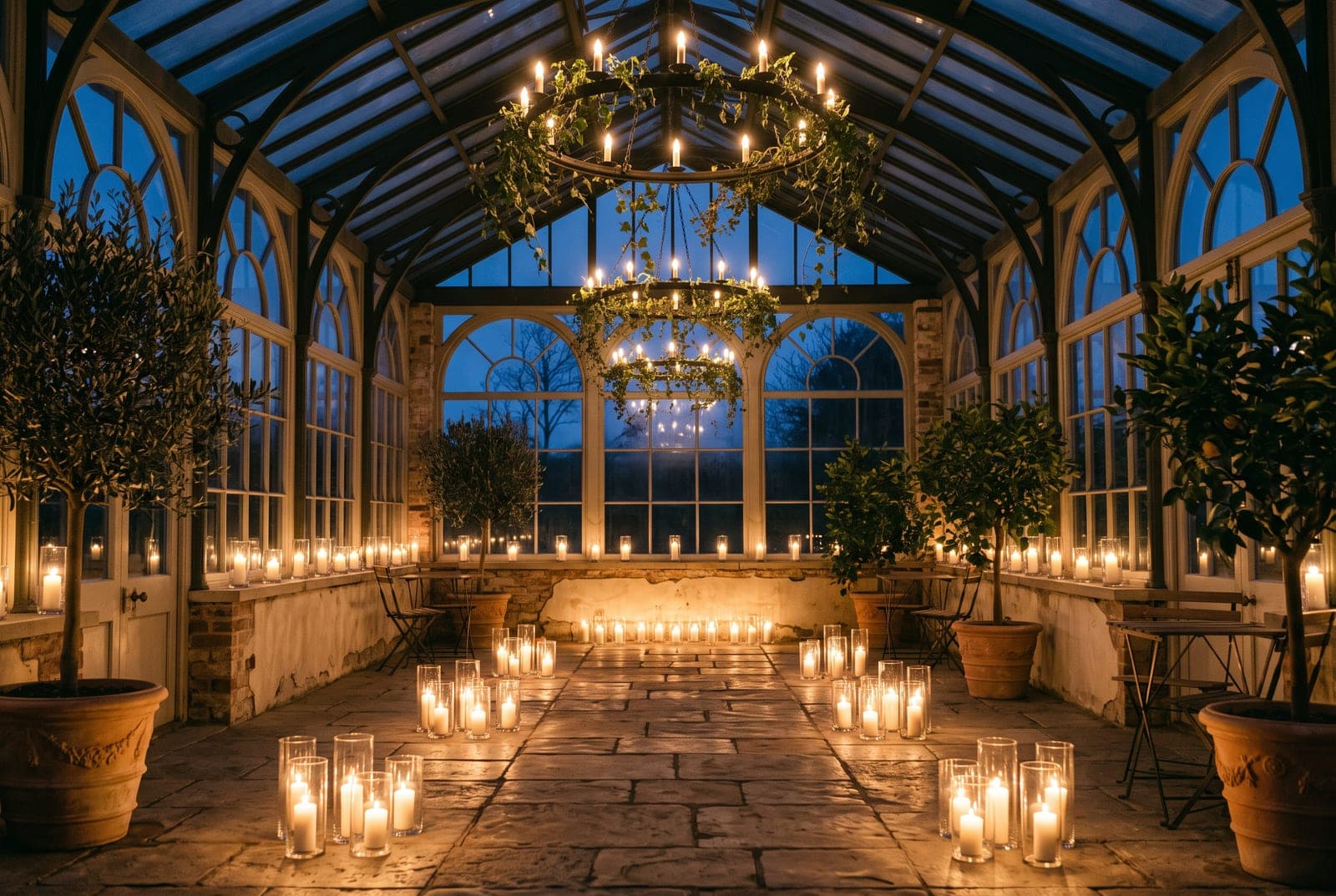 Eine Orangerie aus Glas, erleuchtet von Hunderten Kerzen zur blauen Stunde